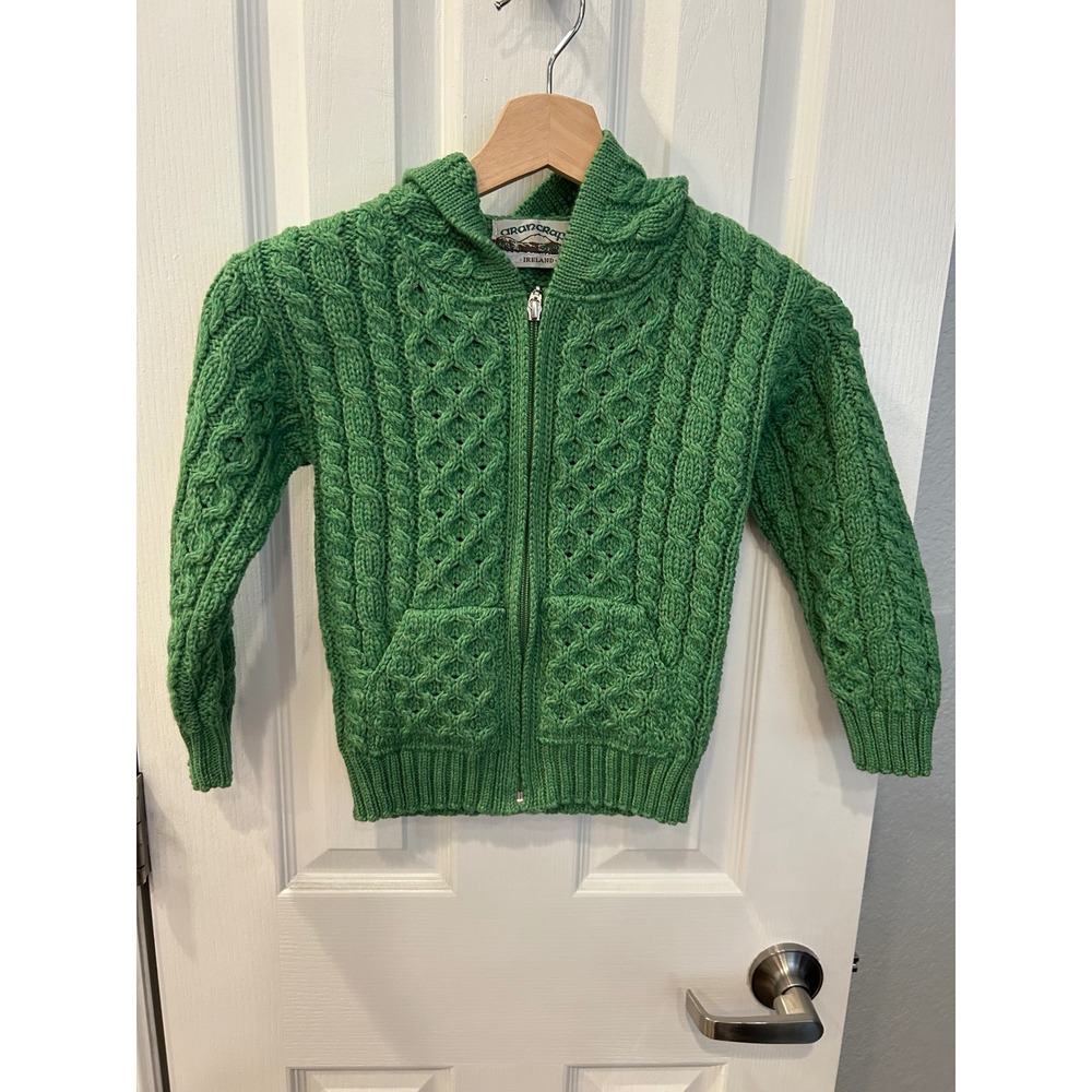 Aran‎ Crafts Ireland Green 100% Merino Wool Cable Knit Hooded Sweater 4-5 k7020